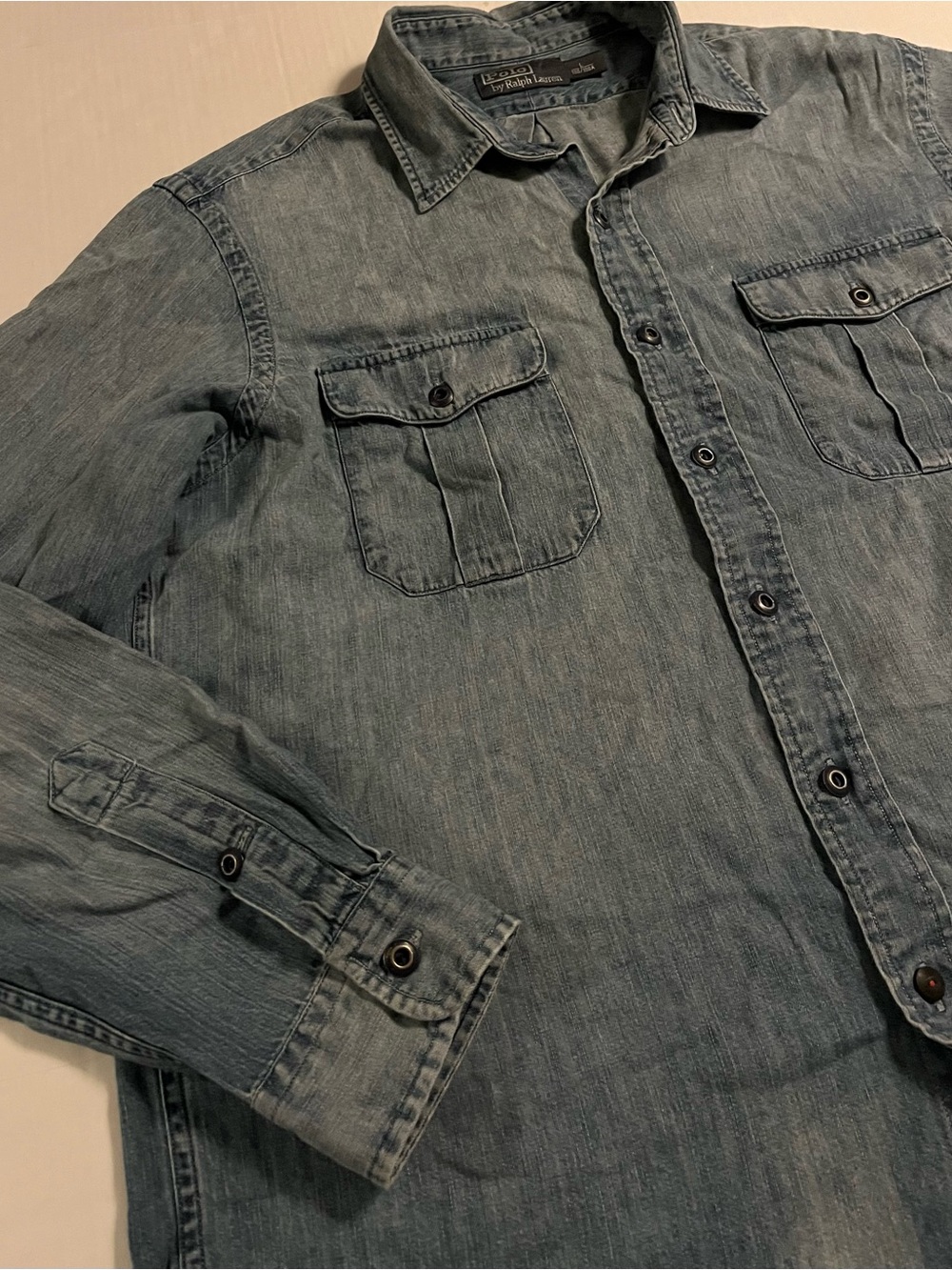 VTG 90’s Polo Ralph Lauren RL Naval Res Chambray Denim Long Sleeve Shirt LARGE - Picture 3 of 9